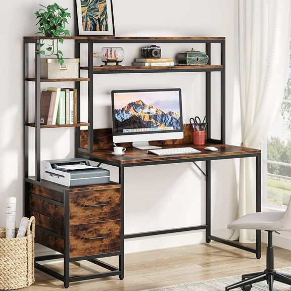 55 Inch Computer Desk with 2 Drawers and Storage Shelves, Rustic Office Desk with Hutch, Study Writing Gaming Table Laptop Workstation for Home Office (Brown)