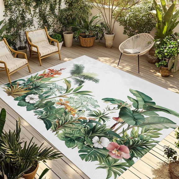 Fsddascl Green Tropical Leaves Outdoor Rug for Patio/Deck/Porch, Non-Slip Large Area Rug 4 x 6 Ft, Summer Floral Vintage Indoor Outdoor Rugs Washable Area Rugs, Reversible Camping Rug Carpet Runner