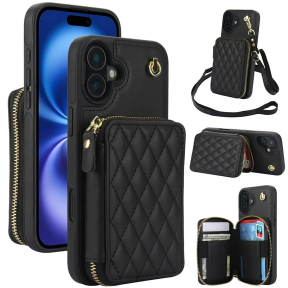 Crossbody Wallet Case for iPhone 16, RFID Blocking Zipper Handbag Purse Flip Cover, Kickstand Folio Case Card Slots Holder Wrist Strap Lanyard