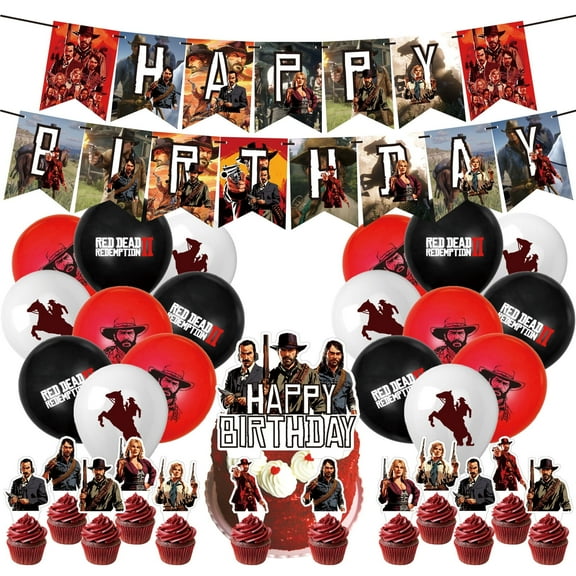 32 PCS For Red Dead Redemption 2 Theme Birthday Party Decorations,With 12 Cupcake Toppers,18 Balloons,1 Cake Topper,1 Happy Birthday Banner Garland for Party Decorations