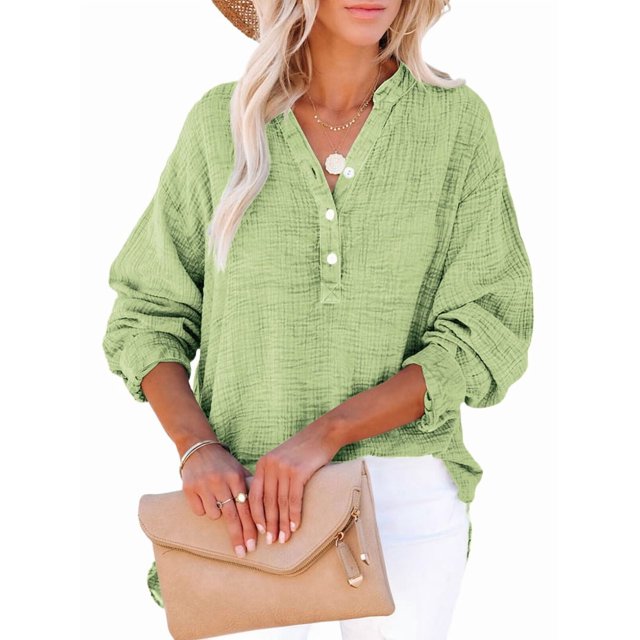 Womens Casual Button V Neck Long Sleeve Shirts Oversized Solid Blouses Tops Light Green L
