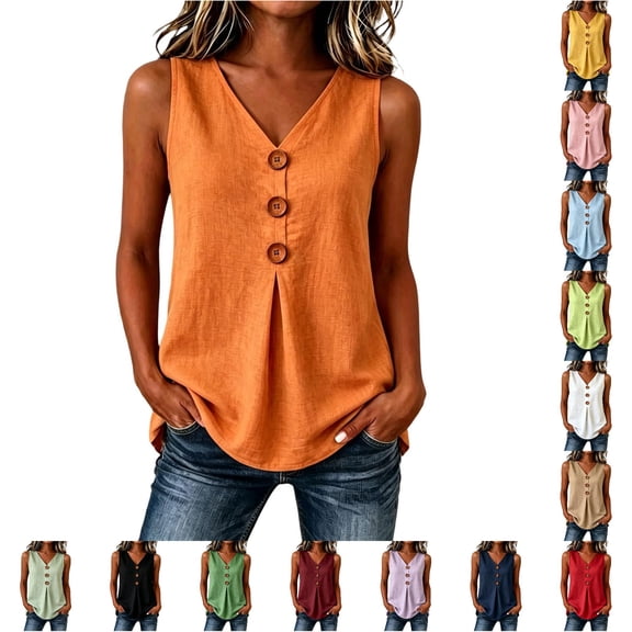 Womens Linen Tank Tops Summer Casual Sleeveless V Neck Button Camisole Top Blouse Size 5XL