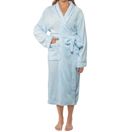 

PAVILIA Plush Robe For Women | Light Blue Fluffy Soft Bathrobe | Luxurious Fuzzy Warm Spa Robe Cozy Fleece Long Robe | Satin Trim Small-Medium