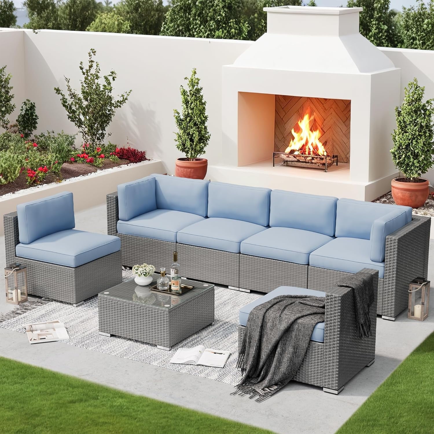 SUNCROWN Outdoor Patio Furniture Set 7 Piece Outdoor Sectional Sofa Grey Wicker Conversation Sofa Set with Coffee Table and Cushions (Light Blue)