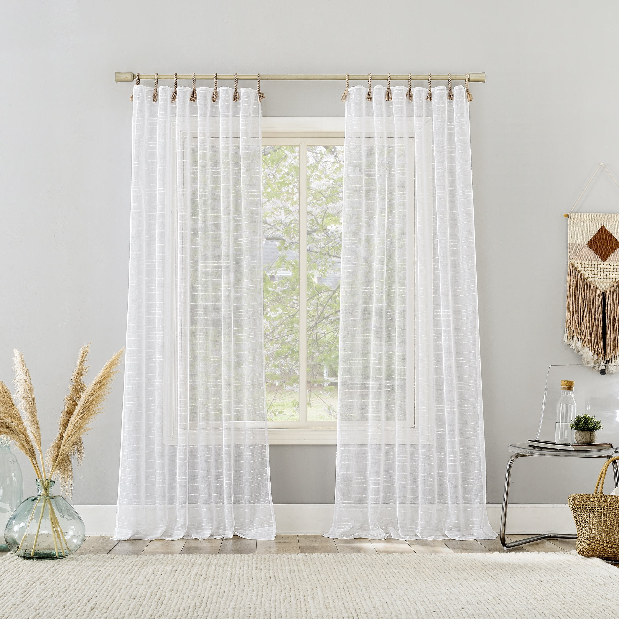 No. 918 Noemi Slub Stripe Rope Tab Semi-Sheer Curtain Panel, 1-Piece Tab Top Indoor Window Panel, 50”x84", White