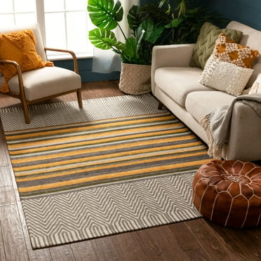 Well Woven Khia Beige & Gold Kilim-Style Weave Tribal Stripes Area Rug 5x7 (5'3" x 7'3")