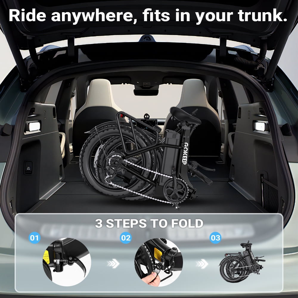 GOKEEP Folding Electric Bike for Adult, 52V 13Ah Removable Battery, 20" Fat Tire & Front Suspension Electric Bicycles, 7-Speed Commuter Ebike, UL2849, Black