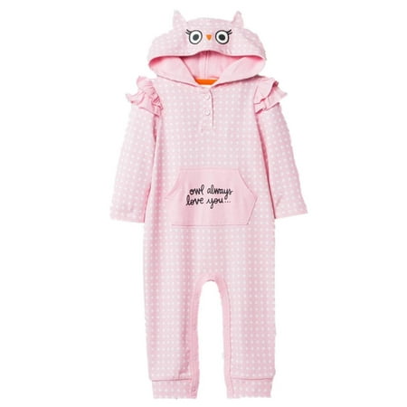 Infant Girls Pink Polka Dot Owl Always Love You Hooded Romper Jumpsuit 18m