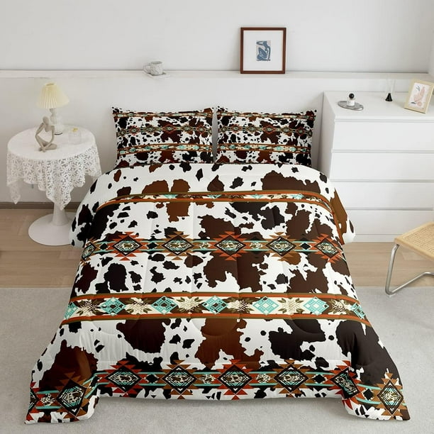 YST Cowhide Quilt Brown Highland Cow Print Queen Comforter Set,Western