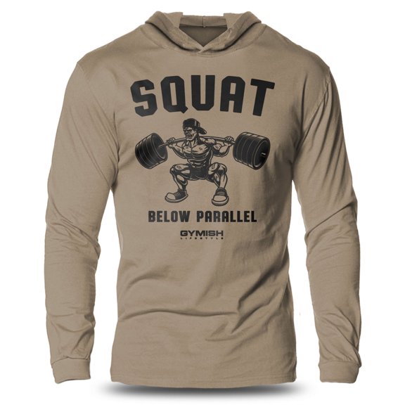 GYMISH Squat Ver2 Lightweight Long Sleeve Hooded T-Shirt for Men – Funny Gym Hoodie, Khaki, Small