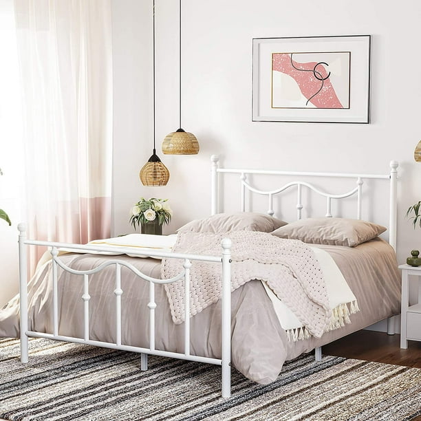 Vasagle Full Size Metal Bed Frame With, White Metal Bed Frame Decorating Ideas
