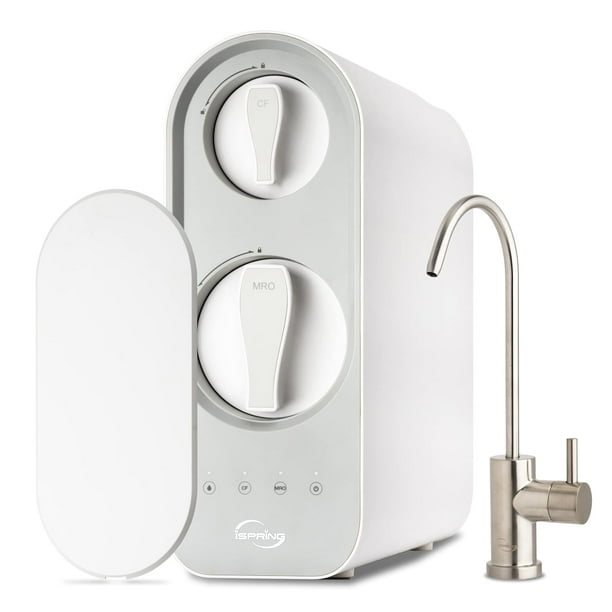 iSpring RO600BN Sistema de Ósmosis Inversa sin Tanque para Debajo del Fregadero, 600 GPD Flujo Rápido, Relación Pura a Desecho 2.5:1, Sistema de Filtro de Agua RO, Grifo de Níquel Cepillado, Blanco