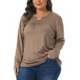 thumbnail image 4 of Agnes Orinda Women's Plus Size Tops Notched Gathered Neck Long Sleeve T-Shirts Loose Casual Tunic Blouses 3X Khaki, 4 of 5