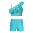 thumbnail image 2 of CHICTRY Kids Girls Asymmetrical Shoulder Sequins Crop Top with Shorts for Dance Gymnastics Performance Competition Lake Green 6, 2 of 7