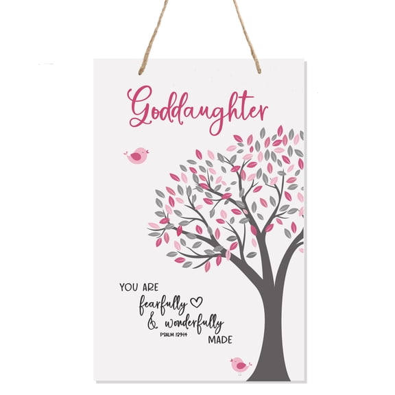 LifeSong Milestones Baptism Inspirational Wall Decoration Hanging Rope Sign for Goddaughter 8x12in - Fearfully and Wonderfully