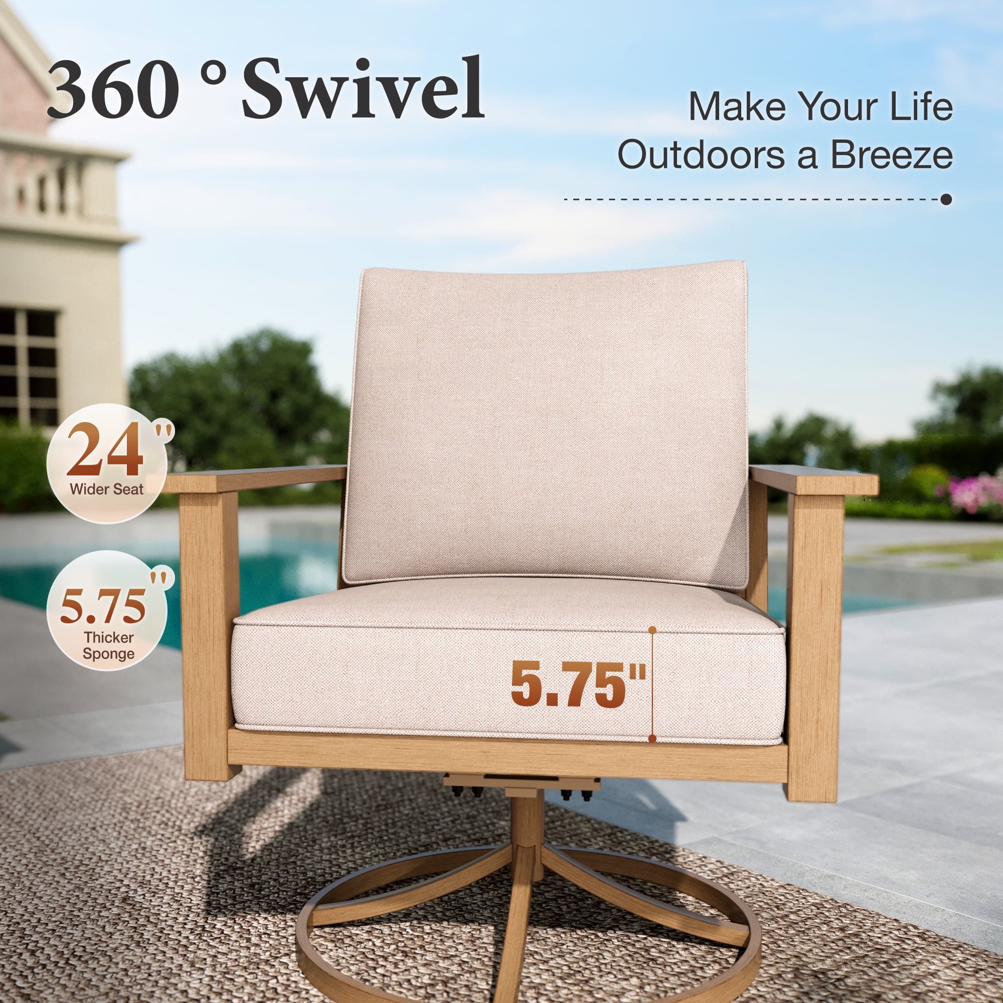 Summit Living 7-Seat Woven Rope Outdoor Patio Furniture Sets, Wood-Grain Metal Outdoor Patio Conversation Set with Swivel Chairs & Nesting Coffee Table, Beige