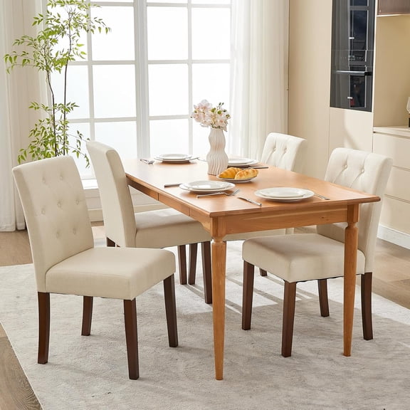 Parsons Button Tufted Dining Chairs Set of 4 - Upholstered Fabric Kitchen Chairs with Wood Legs & Padded Seats - Living Room Kitchen Furniture (Beige)