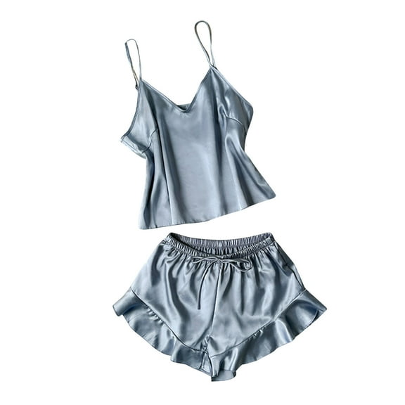 LYEAA Womens Sleepwear Valentine's Day Two Piece Soft Satin Nightwear Set V Neck Sling Tops with Shorts Cozy Loungewear Ladies Solid Ruffled Loose Casual Pajamas Sleepsuits Gray S