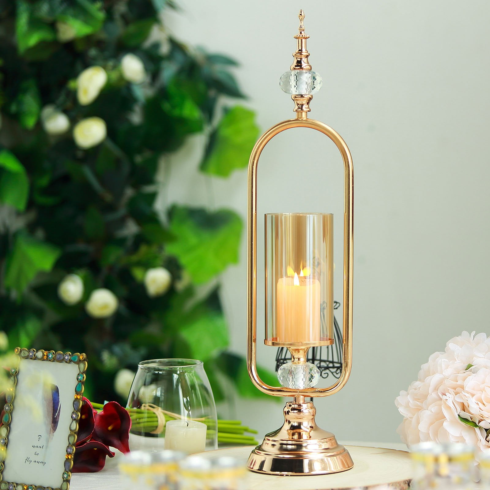 22" Tall | Gold Hurricane Votive Metal Candle Holder With Glass Tube