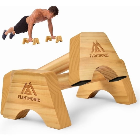Wooden Parallettes, Fitness Push Up Bars, Solid Wood Parallettes Bars with Non-Slip Mat, Handstand Bar Up, Wrist Straps, for Home Workout Equipment Strength Training, Gymnastics