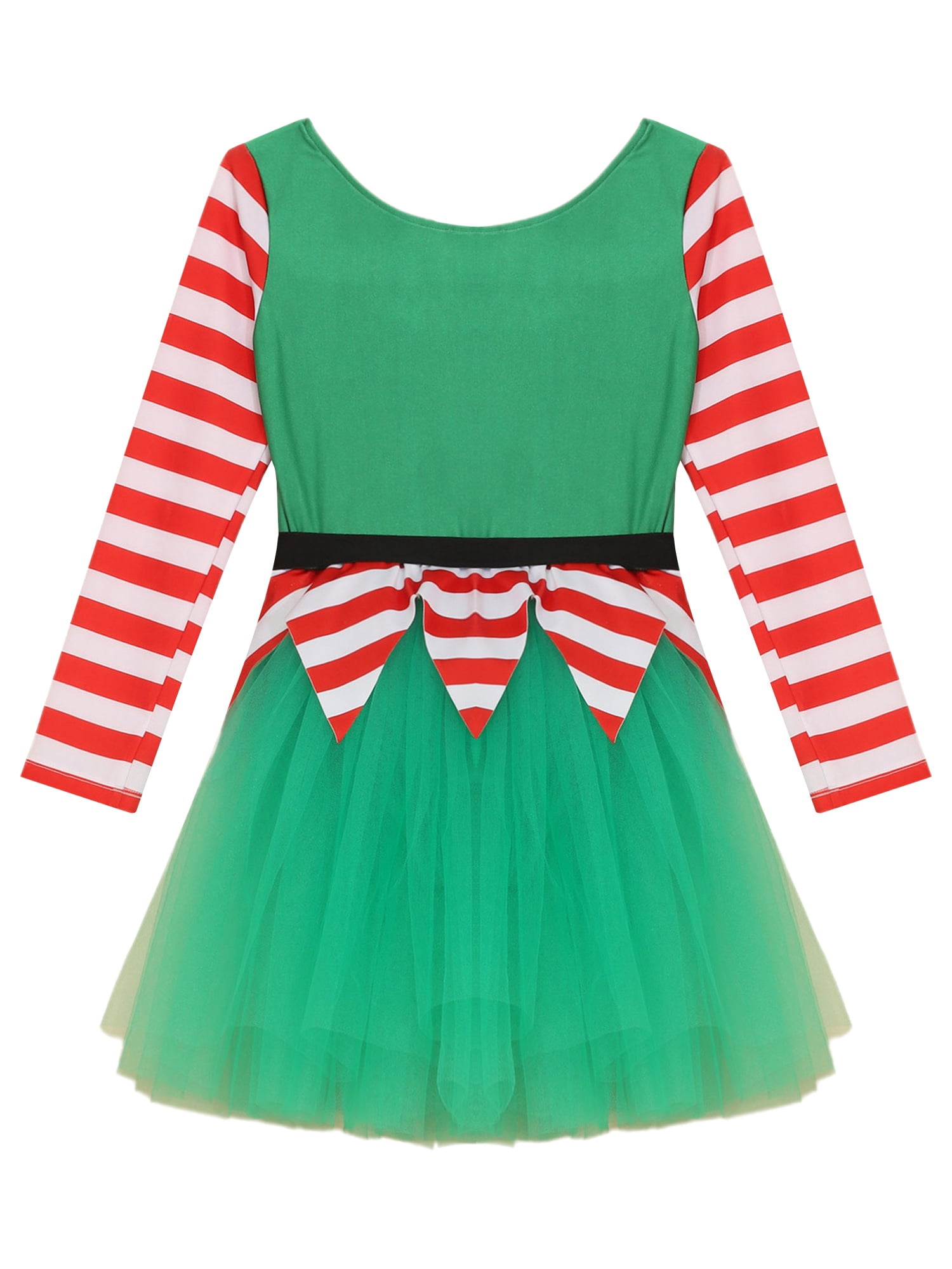 iEFiEL Kids Girls Christmas Elf Dress Long Sleeve Stripes Tutu Dance Dress Leotard Santa Little Helper Outfit Green 8