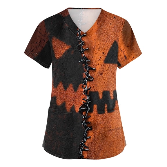 Halloween Scrub Tops for Women Stretch Pumpkin Printed Short Sleeve Nursing Uniform Plus Size Holiday Scrubs Tops with Pockets Saffron S