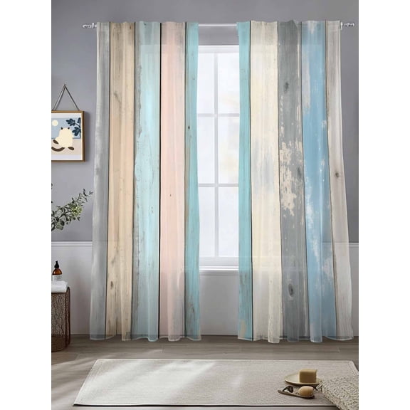 Blue Pink Cream Stripe Sheer Curtains for Living Room Bedroom Farmhouse Vintage Wooden Sheer Curtains 84 Inch Long 2 Panels Set Light Filtering Curtain Window Treatments Drapes for Dining Room