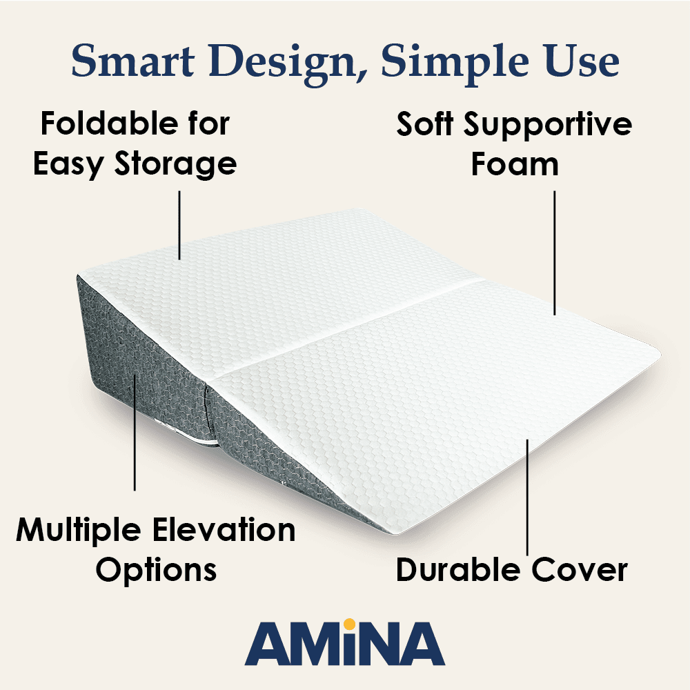 AMiNA Bed Wedge Pillow - for Sleeping, Gerd, Acid Reflux, Sleep Apnea, Post Surgery, Back Support, C-Section, Portable, Easy to Clean Washable Cover (Gray & White, 10 Inch)