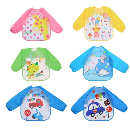 

6pcs Children s Waterproof Smocks Printed Plastic Aprons with Long Pocket and Sleeves