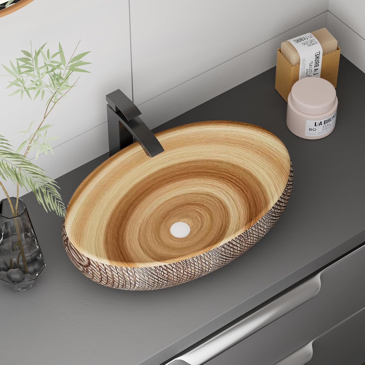 WinZo Bathroom Artistic Vessel Sink, 24x16x5.9 inch Oval Bowl Sink, Retro Ceramic Washbasin Above Counter, Ceramic Porcelain Bathroom Sink Bowl for Vanity, Carving Brown