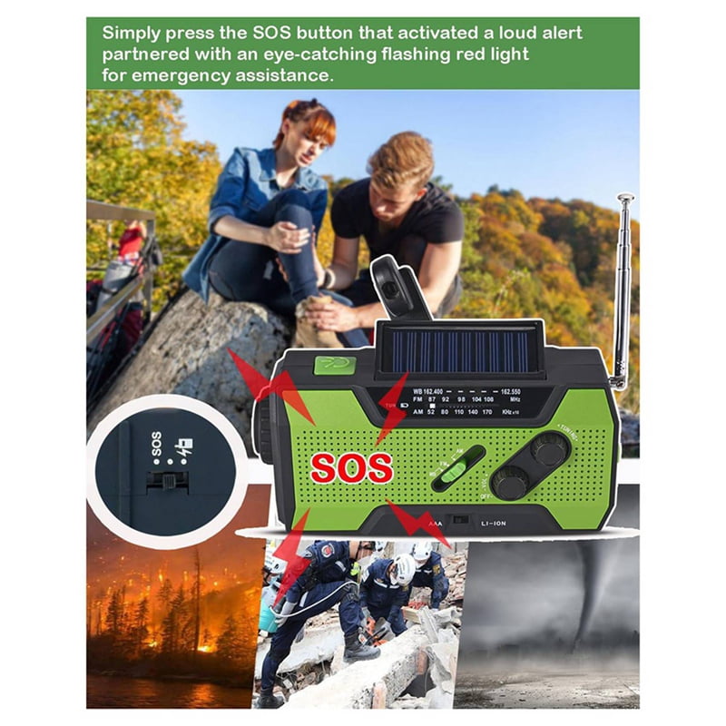 2X Emergency Weather Radio Hand Crank Portable Solar Charging with AM/FM/NOAA LED Flashlight SOS Alert 2000mah