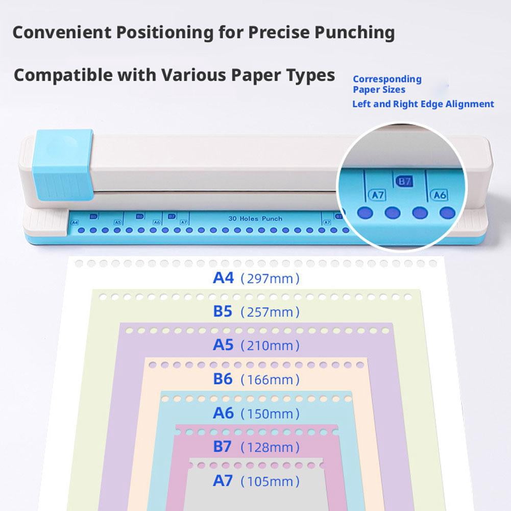 Professional 30-Hole Puncher for A4 Loose-Leaf Notebooks, Handheld Sliding Paper Hole Punch with Alignment Guide, Portable Binder Tool Used for B5 A5 DIY Journal & Office Filing - Type A