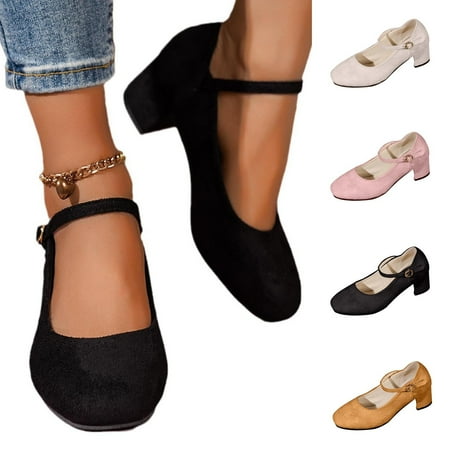 

Spring Women s New Large Size Suede Thick Heel Frosted Medium Heel Shallow Buckle Working Single Shoes Black qILAKOG Size 8.5