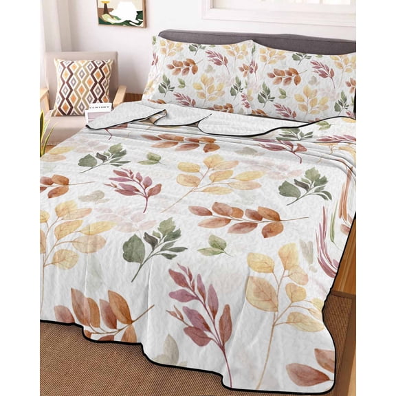 Orange Green Yellow Botanical King Size Down Alternative Comforter, Lightweight Comforter Quilt Bedding Set with Pillow Shams Fall Maple Leaf All Seasons Bed Comforter Duvet Insert 96"x106"
