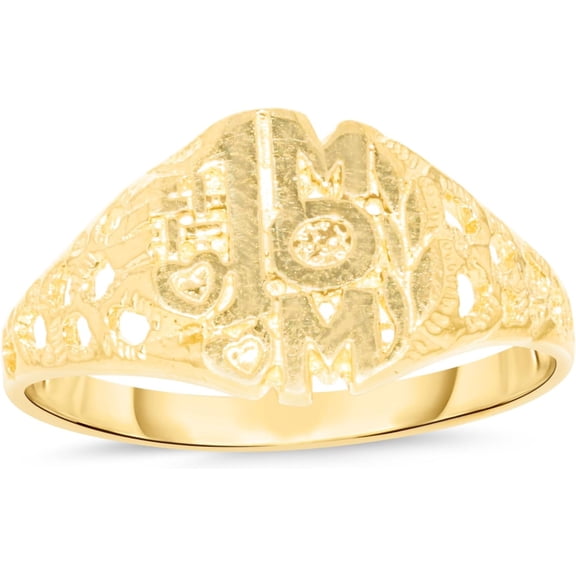Floreo 10k Yellow Gold 11.3mm Flat Circle #1 Mom With Hearts Filigree Ring
