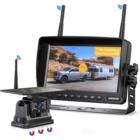 Xroose Magnetic Solar Wireless Backup Camera 7''HD 1080P Monitor No Drilling 2-Min Installation IR Night Vision Waterproof Rear View Camera