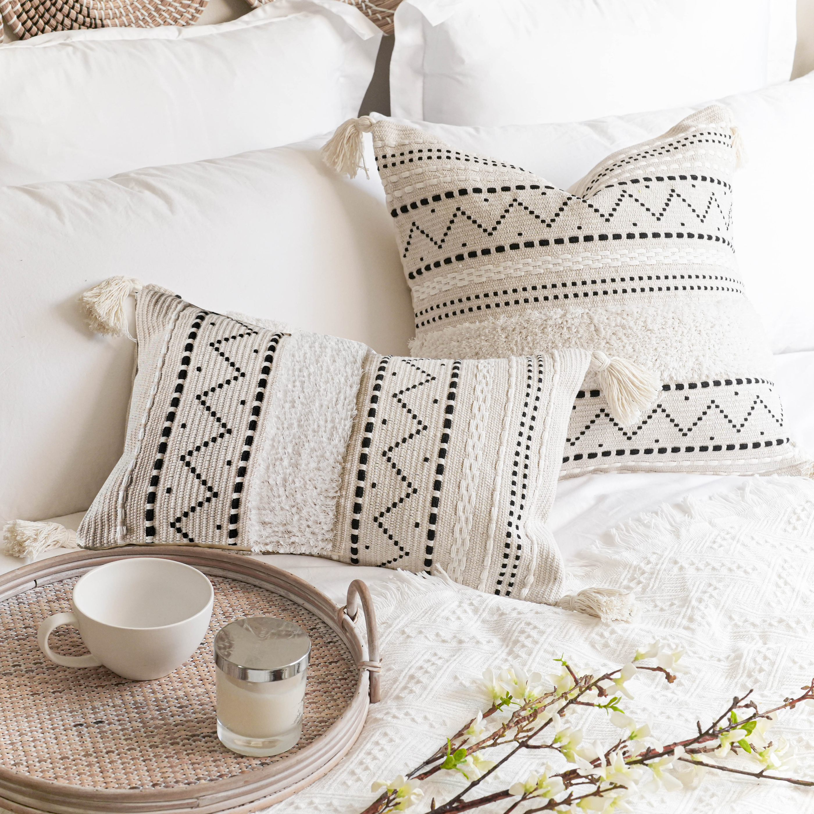 BlissBlush Decorative Lumbar Throw Pillow Cover 12x20 Combo Set of 2 Rectangular Boho Accent Pillowcase Black Neutral Farmhouse Cushion for Couch Sofa Bedroom Living Home Décor Cover ONLY