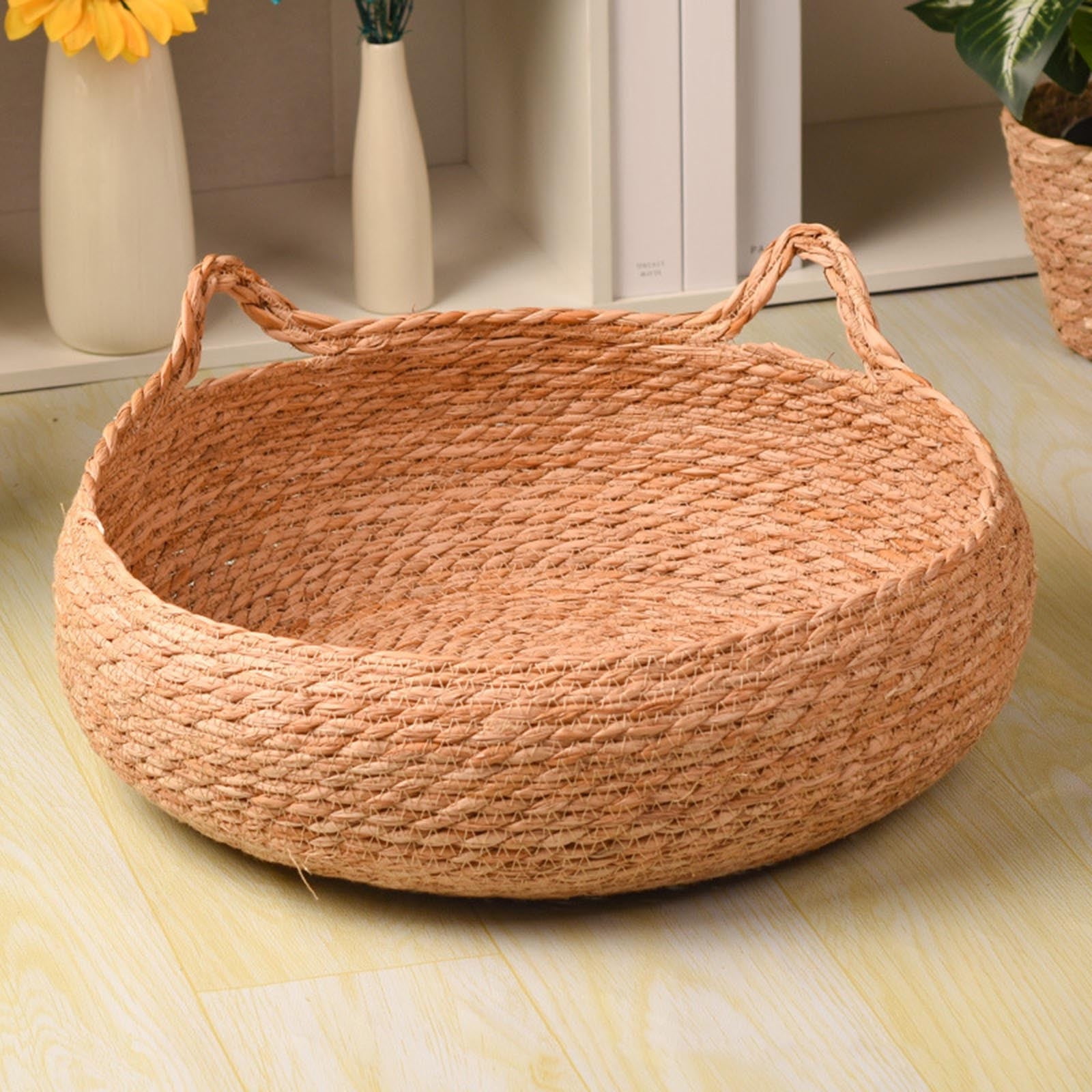 Woven Straw Cat Bed - 2025 New Natural Rattan Round Pet Basket, Cooling Cat House & Small Dog Bed, Furniture Protective Scratch Mat for Indoor Pets