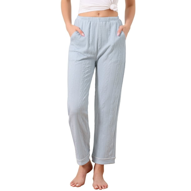 Pantalones de pijama para mujer INSPIRE CHIC de algodón de punto acanalado con cintura elástica, pierna recta y bolsillos, ropa de lounge casual para el hogar, azul