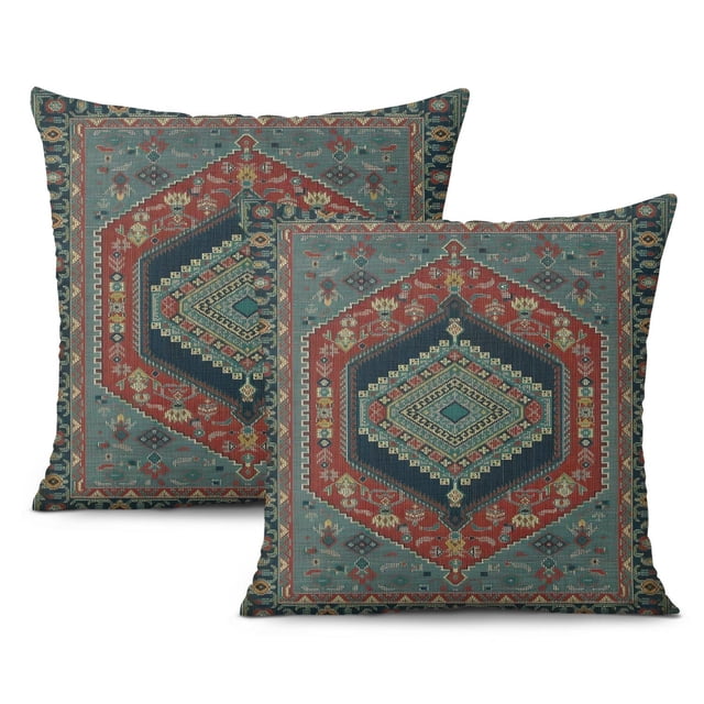 Green Boho Throw Pillow Covers with Monaco Rug Carpet Theme - 18x18 inch Set of 2 Cushion Cases