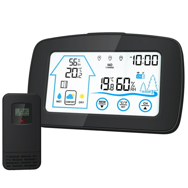 Mistaha Wireless Backlit Touchscreen Digital Weather Station Clock with Temperature and Humidity Monitoring, Window Opening Reminder, and Data Recording - Black 5003