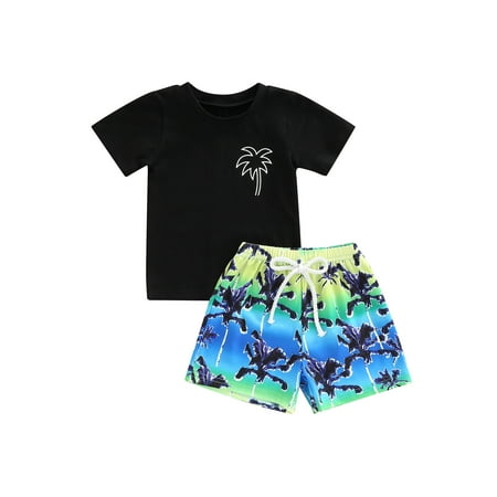 

ZIYIXIN 2Pcs Little Boys Outfit Summer Coconut Tree Printing Short Sleeve Tops + Shorts Clothes Sets Black 12-18 Months