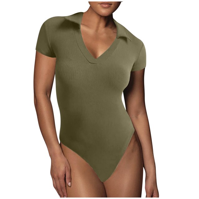 Mrat Justaucorps à Col en V pour Femmes Manches Courtes Justaucorps Basiques Tops à Revers Combinaisons Décontractées S-56 Vert m