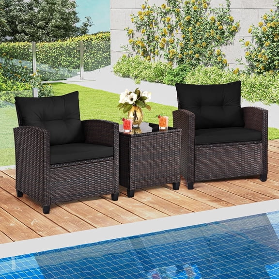 Unbranded 3-Piece Patio Bistro Set, Outdoor Wicker Chairs with Soft Cushions, Glass Coffee Table, Black