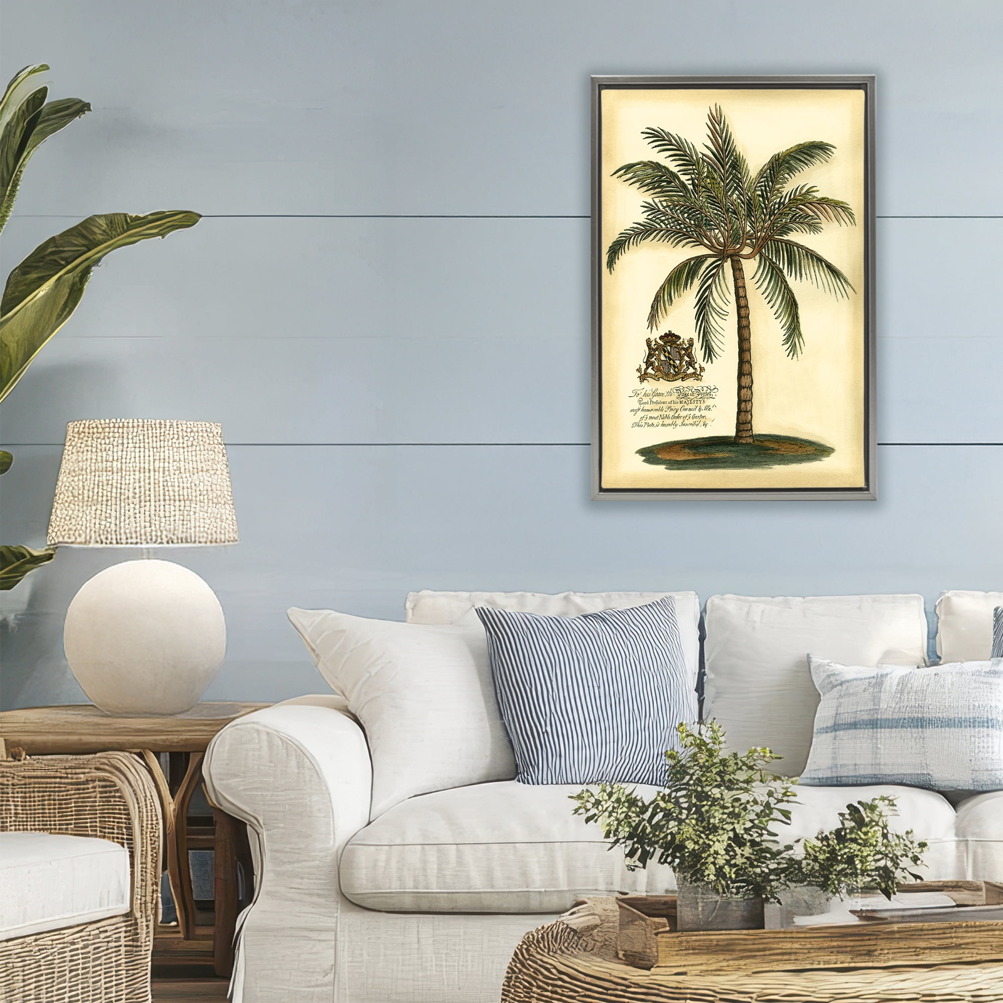 Stupell Industries British Colonial Palm Gray Framed Floater Canvas Wall Art, design by Vision Studio
