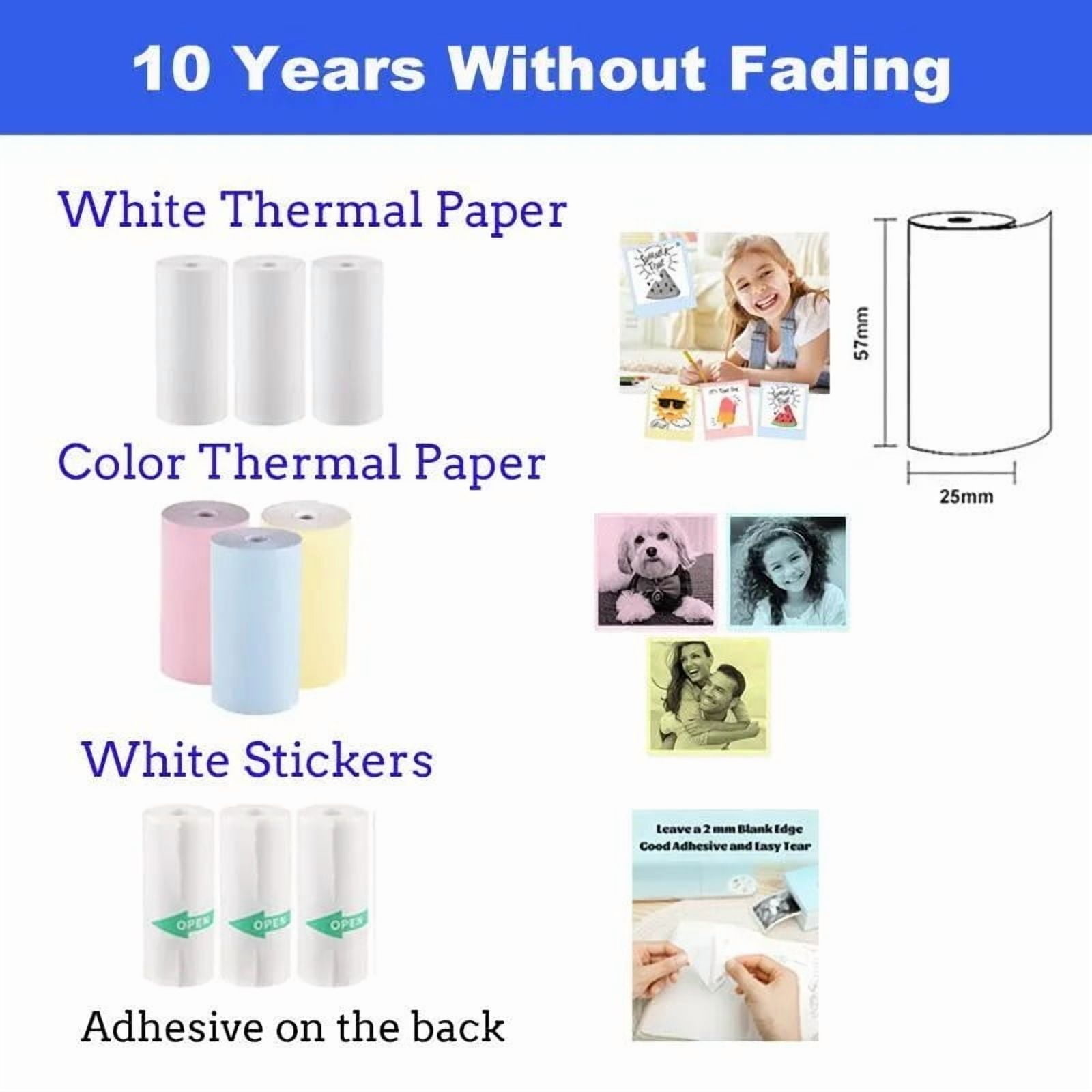 Mini portable thermal printer, ChaoriMall, MP-40, 203 dpi, 3 rolls white thermal paper, 3 Rolls white self-adhesive thermal paper, 3 rolls colored thermal paper, 1 random cartoon stickers, 1 Storag