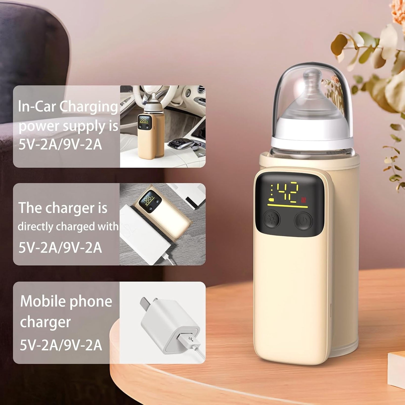 Riousery Portable Baby Bottle Warmer with LCD Screen, 6000mAh Battery Powered Travel Milk Heater 6 Gears Temp Control (37°C-55°C / 98.6°F-131°F)
