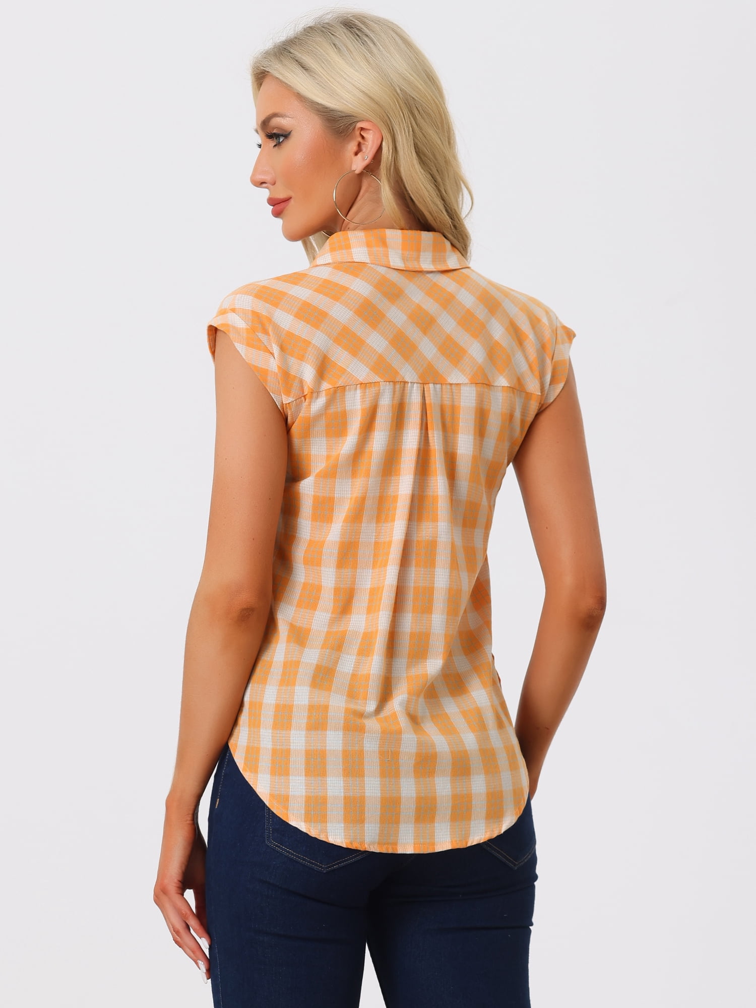 DARING DIVA Women's Summer Plaid Short Sleeves Button Down Shirts M Orange