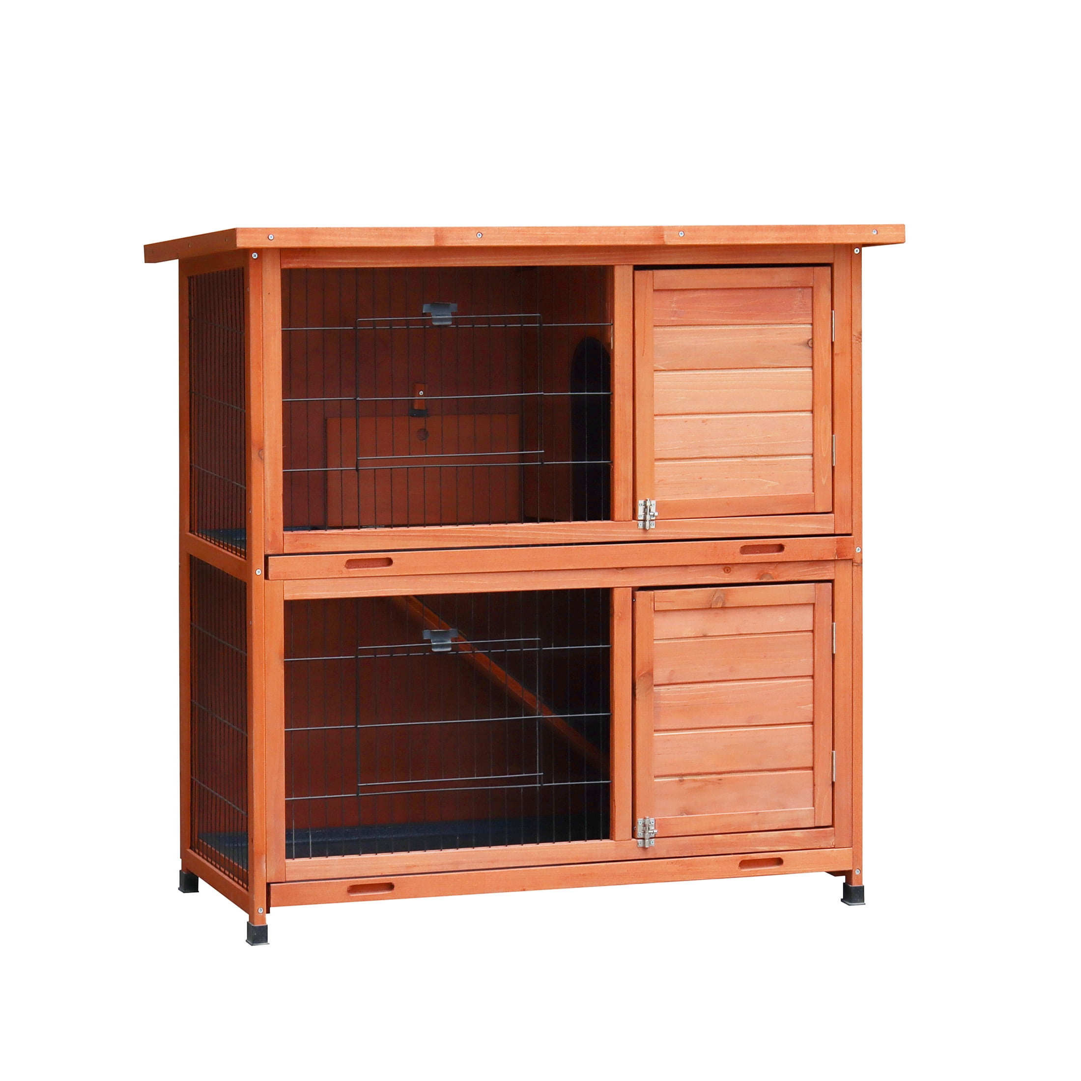 JERFIT 2-Story Rabbit Hutch with Outdoor Run, Natural Wood & Metal Bunny Cage, Waterproof Roof, No-Leak Pull-Out Trays, Non-Slip Ramp for Rabbits & Small Animals