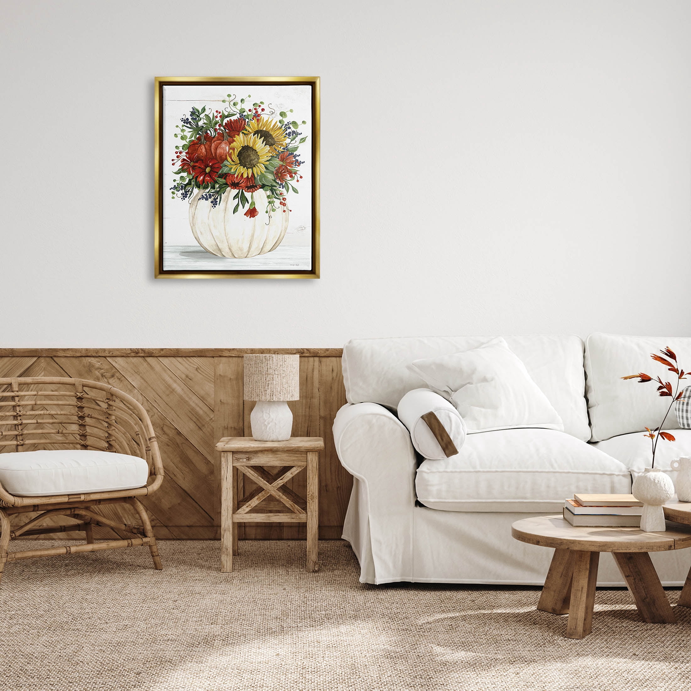 Country Sunflower Pumpkin Bouquet Botanical & Floral Graphic Art Metallic Gold Framed Art Print Wall Art